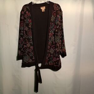 Boho Style Women's Embroidered Cardigan with Tie Front – Black Floral Knit Sweat
